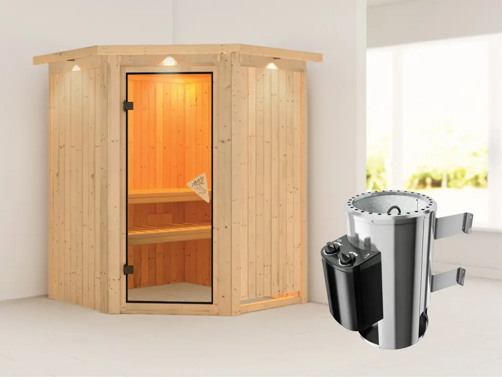 Systeemsauna Nanja met dakkraag, incl. Plug & Play saunakachel besturing Beste Prijs