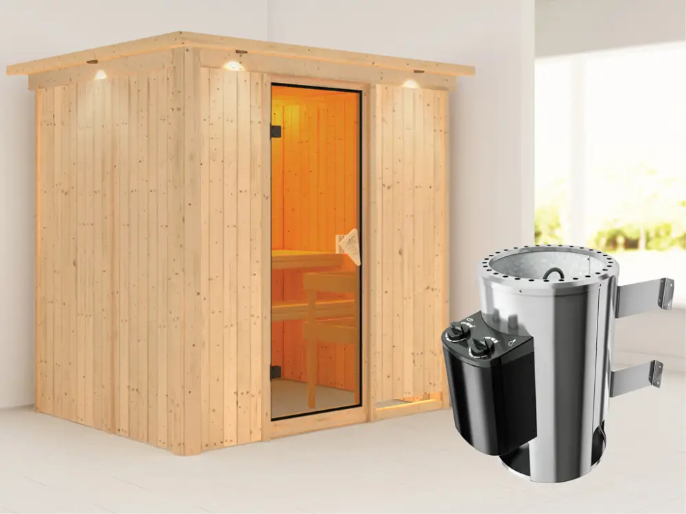 Direct Verzonden Systeemsauna Fanja met dakkraag, incl. Plug & Play saunakachel besturing