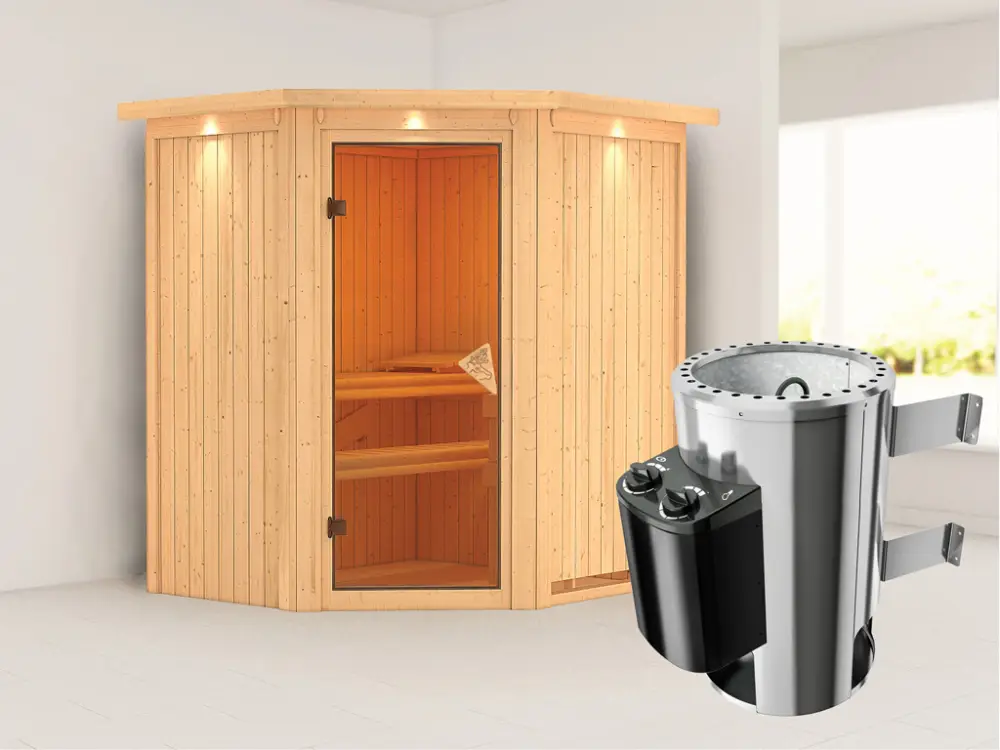 Systeemsauna Tonja met dakkraag, incl. Plug & Play saunakachel besturing Finale Uitverkoop