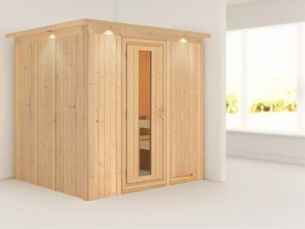 Systeemsauna Sodin met dakkraag, houten deur met geïsoleerd glas Fabrieksprijs