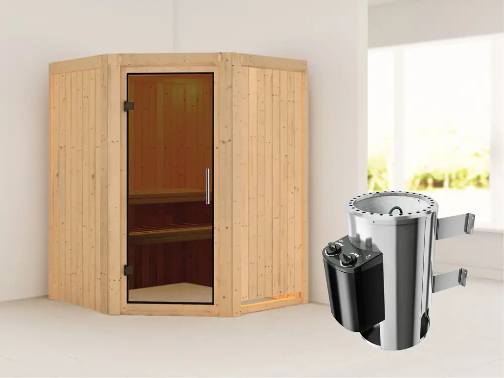 Laatste Versie Systeemsauna Nanja grafiet glazen deur + Plug & Play saunakachel met besturing
