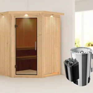 Koopje Systeemsauna Nanja met dakkraag, grafiet glazen deur + Plug & Play saunakachel met besturing