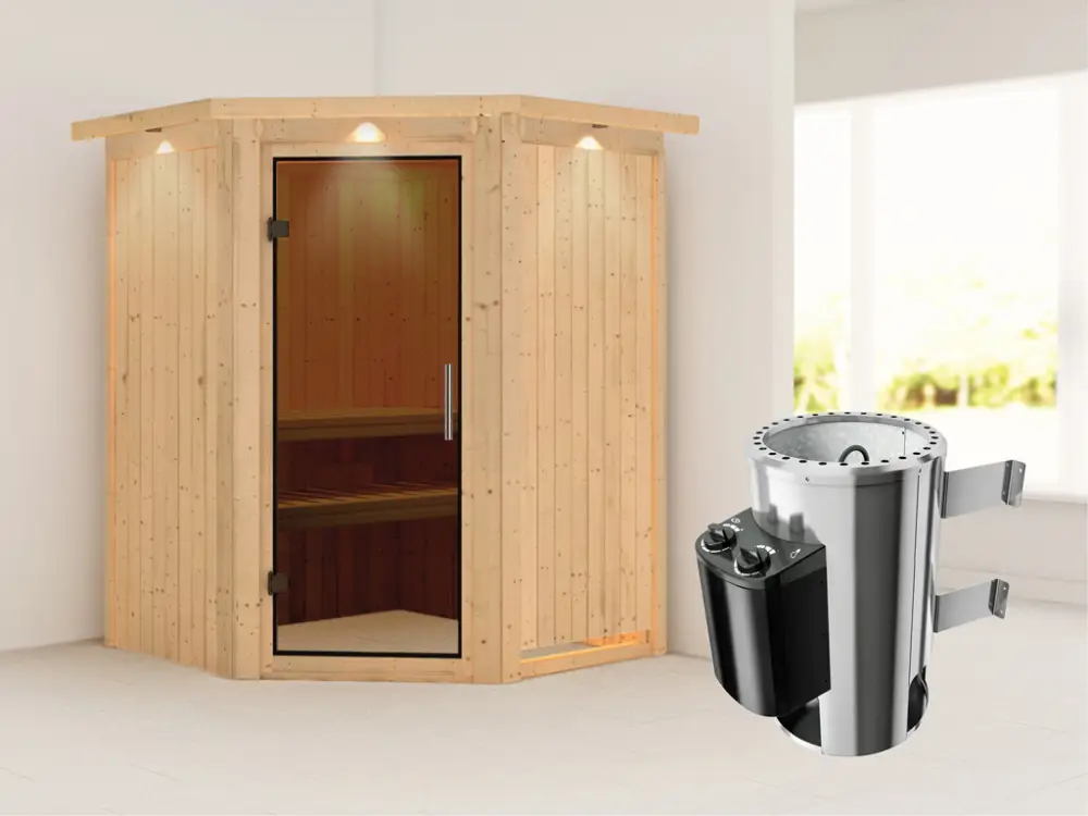 Koopje Systeemsauna Nanja met dakkraag, grafiet glazen deur + Plug & Play saunakachel met besturing