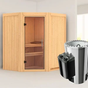 Systeemsauna Tonja transparent glazen deur + Plug & Play saunakachel met besturing Beperkt Aanbod