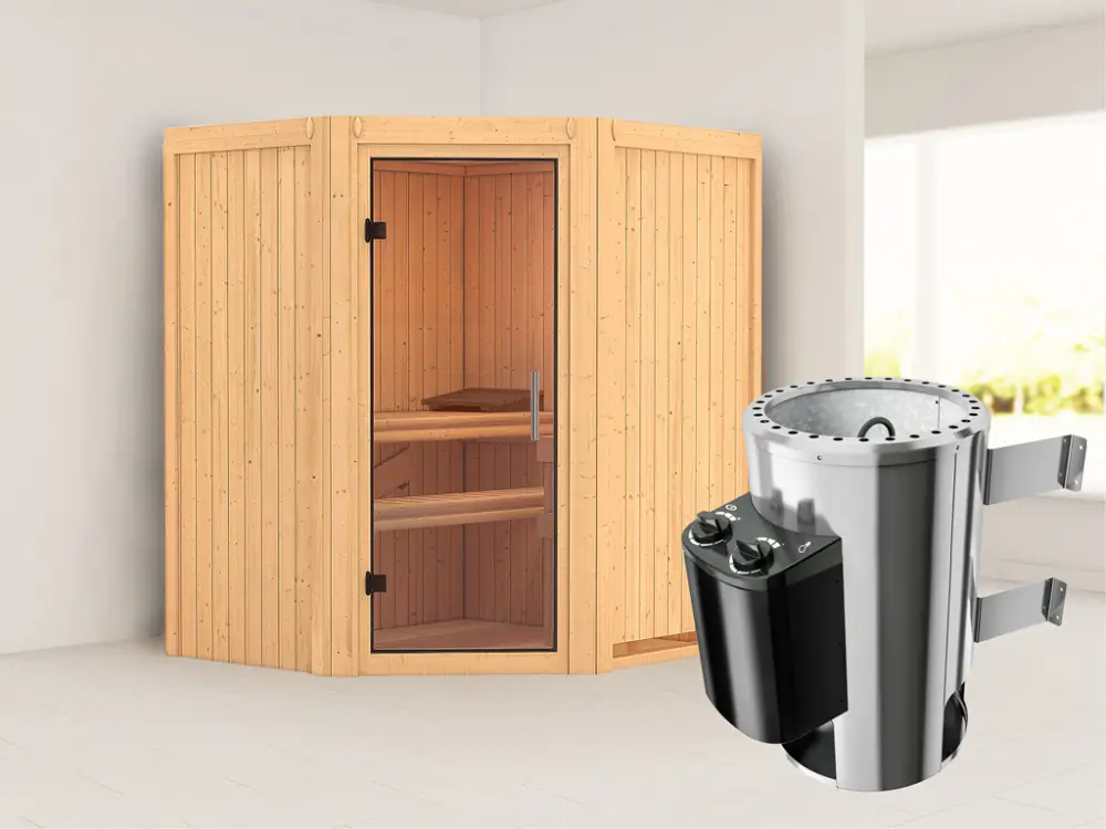 Systeemsauna Tonja transparent glazen deur + Plug & Play saunakachel met besturing Beperkt Aanbod