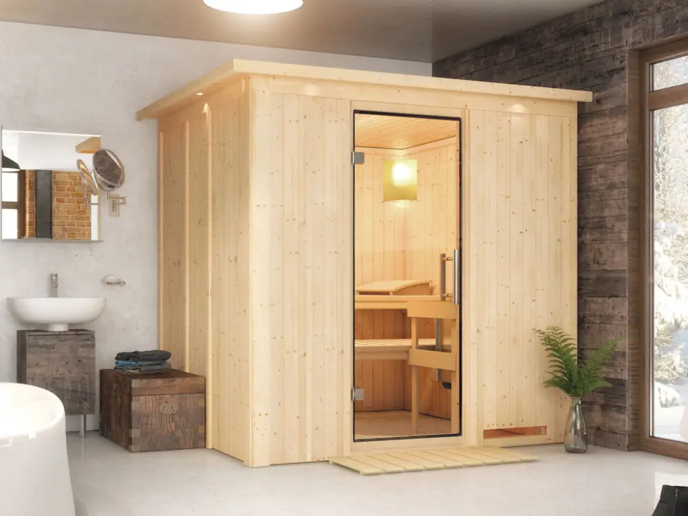 Systeemsauna Daria met dakkraag, transparent glazen deur Korting