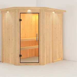 Lage Prijs Systeemsauna Carin met dakkraag, transparent glazen deur