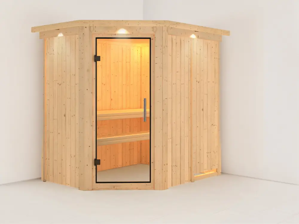 Lage Prijs Systeemsauna Carin met dakkraag, transparent glazen deur
