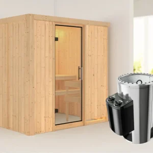 Systeemsauna Fanja transparent glazen deur + Plug & Play saunakachel met besturing Lage Prijs