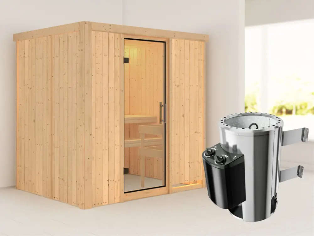 Systeemsauna Fanja transparent glazen deur + Plug & Play saunakachel met besturing Lage Prijs