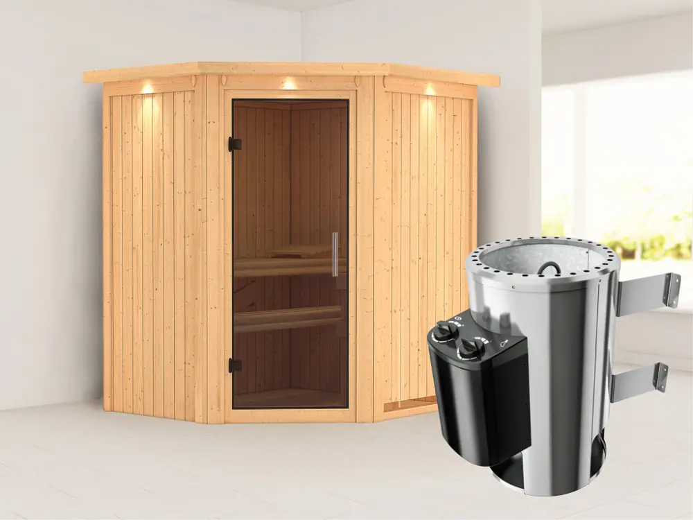 Favoriet Systeemsauna Tonja met dakkraag, grafiet glazen deur + Plug & Play saunakachel met besturing