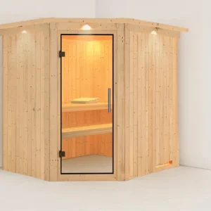 Systeemsauna Lilja met dakkraag, transparent glazen deur Direct Beschikbaar