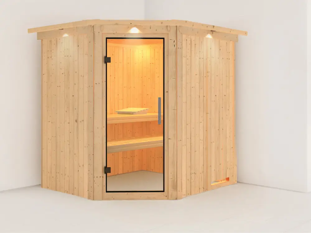 Systeemsauna Lilja met dakkraag, transparent glazen deur Direct Beschikbaar