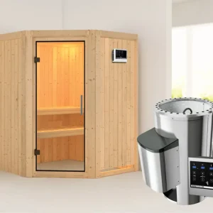 Koop Online Systeemsauna Nanja transparent glazen deur + Plug & Play saunakachel met ext. besturing