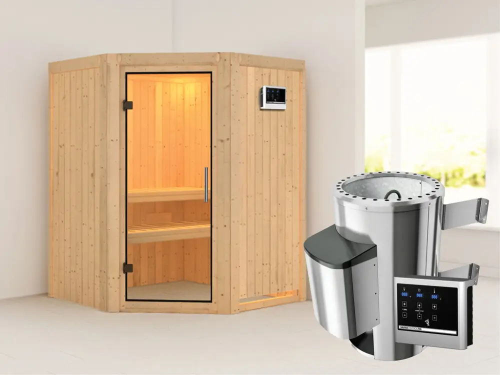 Koop Online Systeemsauna Nanja transparent glazen deur + Plug & Play saunakachel met ext. besturing