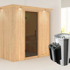 Meest Verkocht Systeemsauna Fanja met dakkraag, grafiet glazen deur + Plug & Play saunakachel met besturing