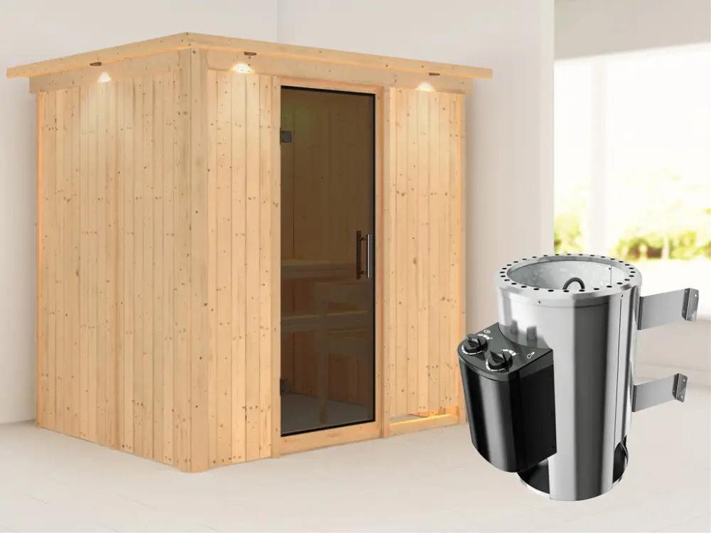 Meest Verkocht Systeemsauna Fanja met dakkraag, grafiet glazen deur + Plug & Play saunakachel met besturing