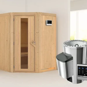 Flitsaanbieding Systeemsauna Nanja energiebesparende deur + Plug & Play saunakachel met ext. besturing