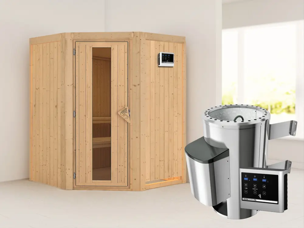 Flitsaanbieding Systeemsauna Nanja energiebesparende deur + Plug & Play saunakachel met ext. besturing