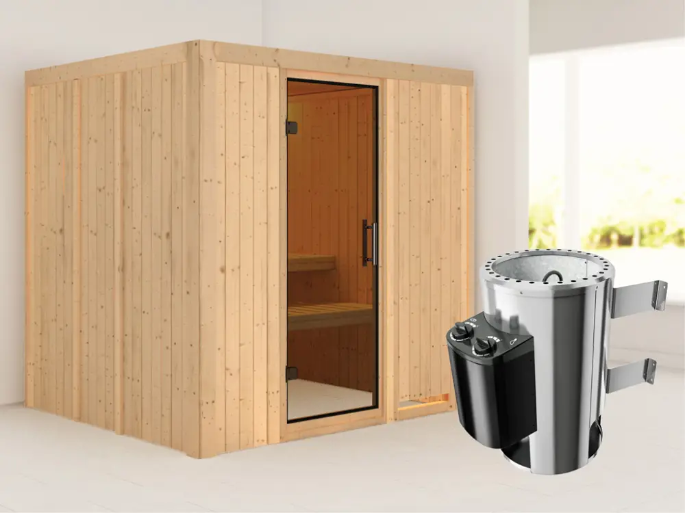 Systeemsauna Daria grafiet glazen deur + Plug & Play saunakachel met besturing Goedkoop