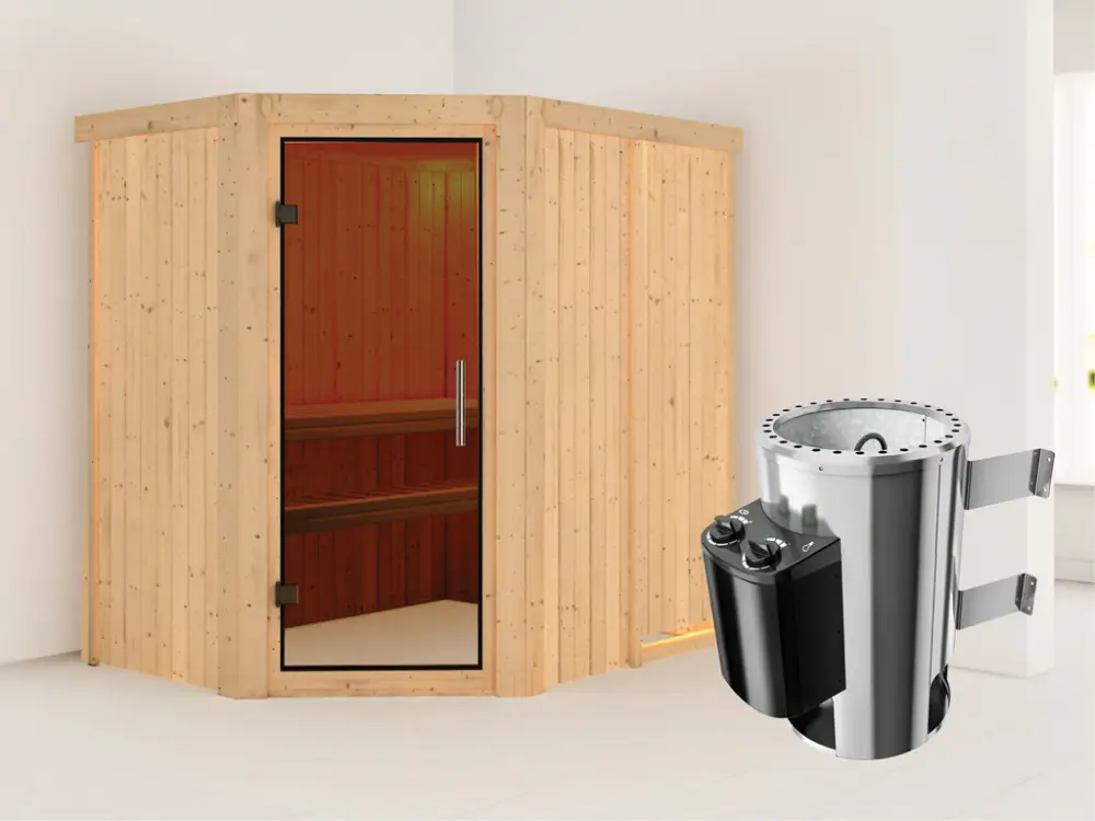 Systeemsauna Saja grafiet glazen deur + Plug & Play saunakachel met besturing Actieprijs