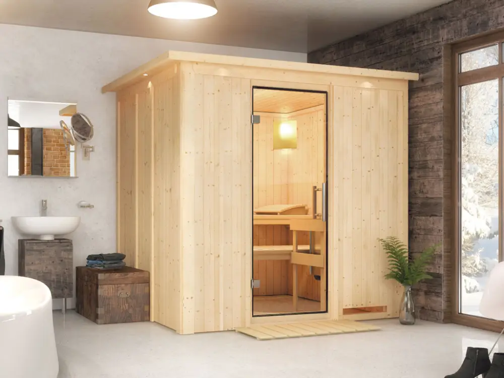 Systeemsauna Sodin met dakkraag, transparent glazen deur Express Levering