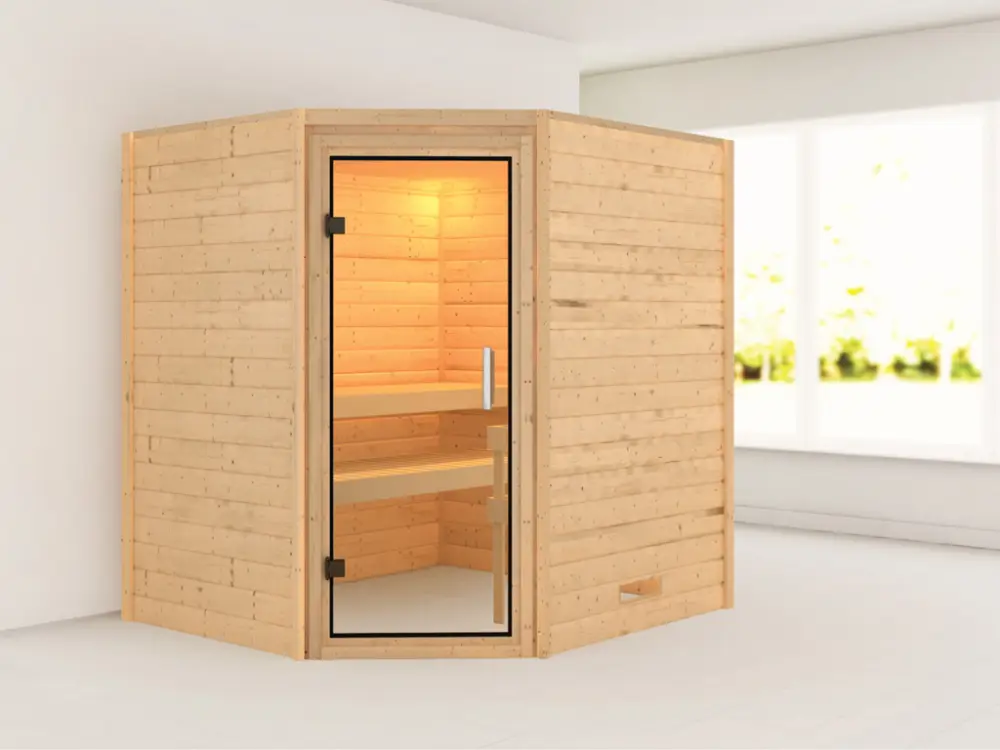 Massieve sauna Mia transparent glazen deur Beste Prijs