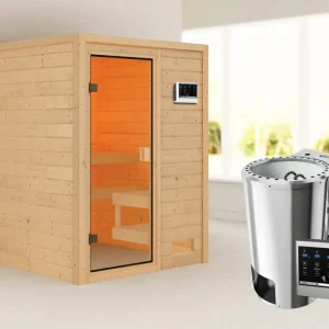 Lage Kosten Sauna Sandra met gebronsde glazen deur + 3,6 kW Plug & Play Bio-kachel ext. besturing