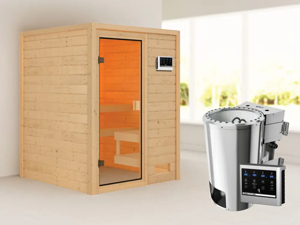 Lage Kosten Sauna Sandra met gebronsde glazen deur + 3,6 kW Plug & Play Bio-kachel ext. besturing