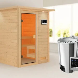 Sauna Sandra met gebronsde glazen deur en dakkraag + 3,6 kW Plug & Play Bio-kachel ext. besturing Koopje
