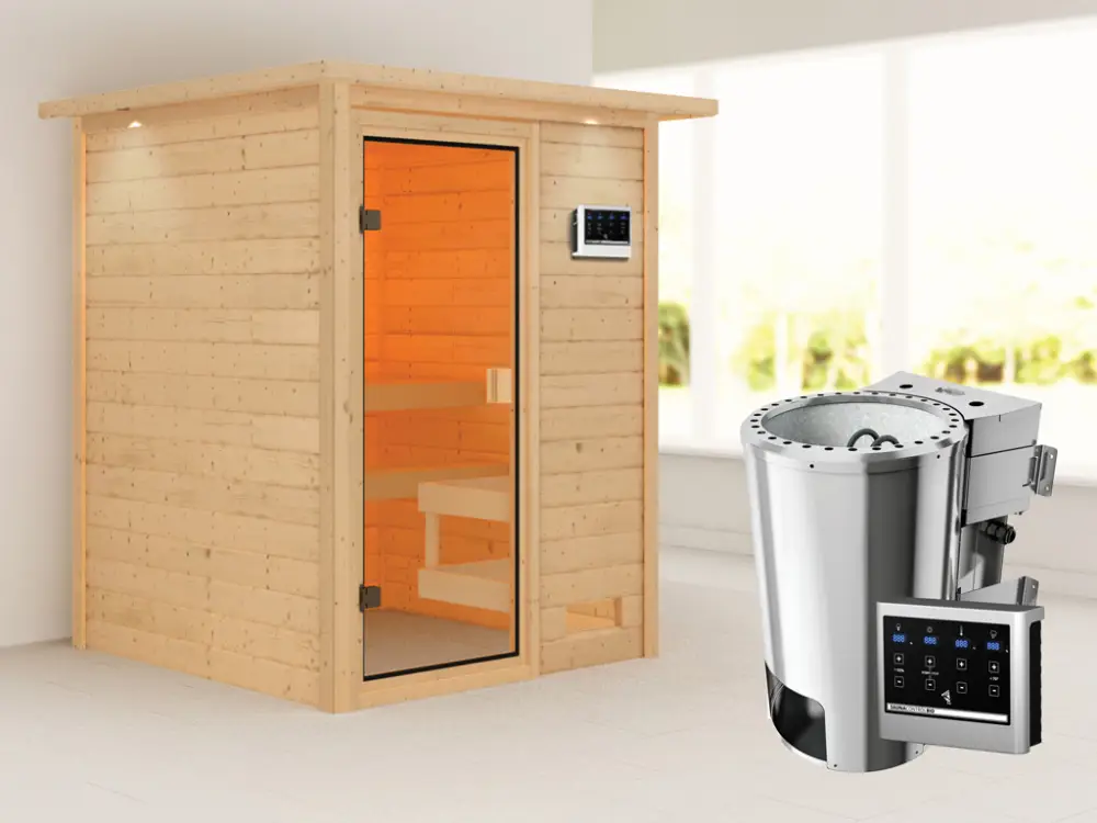 Sauna Sandra met gebronsde glazen deur en dakkraag + 3,6 kW Plug & Play Bio-kachel ext. besturing Koopje