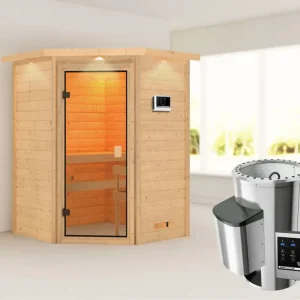 Populair Sauna Antonia met gebronsde glazen deur en dakkraag + 3,6 kW Plug & Play saunakachel ext. besturing