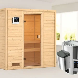 Speciale Aanbieding Sauna Selena met gebronsde glazen deur + 3,6 kW Plug & Play saunakachel ext. besturing