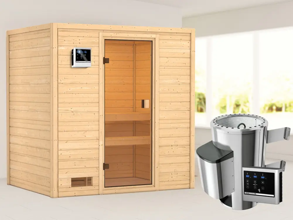 Speciale Aanbieding Sauna Selena met gebronsde glazen deur + 3,6 kW Plug & Play saunakachel ext. besturing