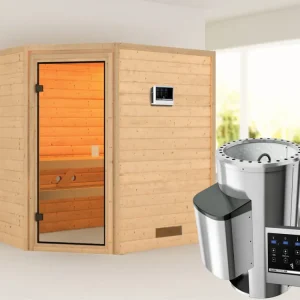 Superprijs Sauna Jella met gebronsde glazen deur + 3,6 kW Plug & Play saunakachel ext. besturing
