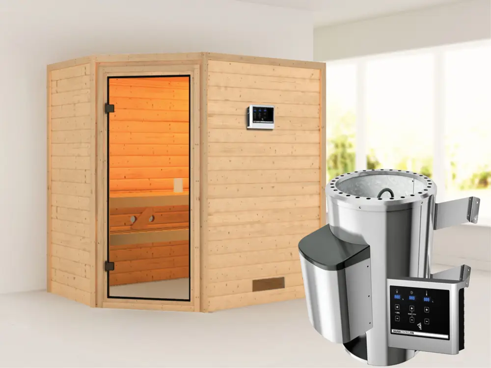 Superprijs Sauna Jella met gebronsde glazen deur + 3,6 kW Plug & Play saunakachel ext. besturing