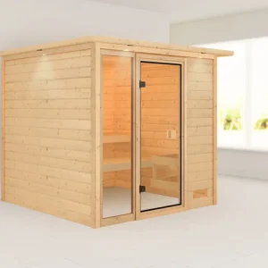 Sauna Jutta met gebronsde glazen deur en dakkraag Lage Prijs