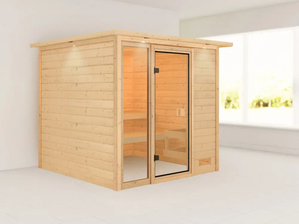 Sauna Jutta met gebronsde glazen deur en dakkraag Lage Prijs