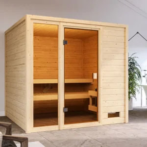 Massieve sauna Jutta, met bronzierter glazen deur Fabrieksprijs