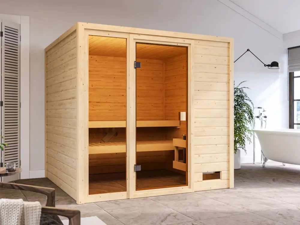 Massieve sauna Jutta, met bronzierter glazen deur Fabrieksprijs