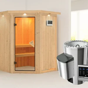 Systeemsauna Nanja met dakkraag, incl. Plug & Play saunakachel externe besturing Op = Op