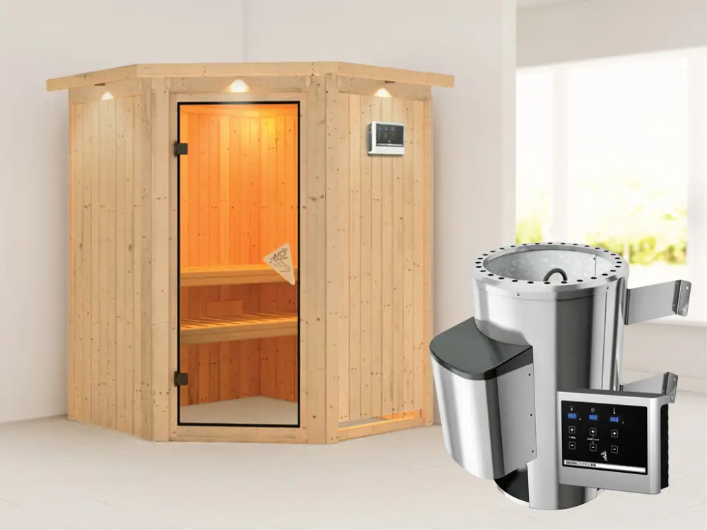 Systeemsauna Nanja met dakkraag, incl. Plug & Play saunakachel externe besturing Op = Op