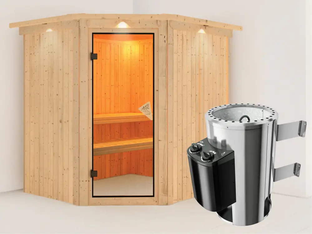 Koopje Systeemsauna Plug & Play Lilja met dakkraag, incl. 3,6 kW saunakachel int. besturing