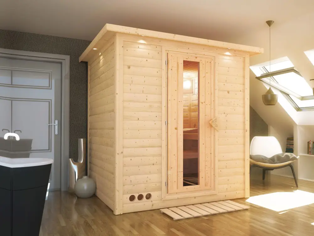 Premium Massieve sauna Mojave met dakkraag, houten deur met geïsoleerd glas