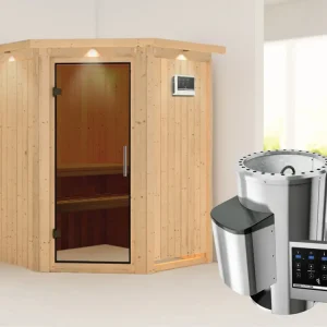 Beperkt Aanbod Systeemsauna Nanja met dakkraag, grafiet glazen deur + Plug & Play saunakachel met ext. besturing
