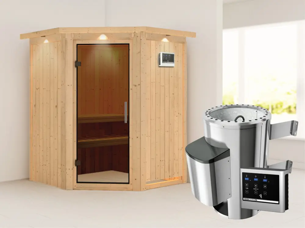 Beperkt Aanbod Systeemsauna Nanja met dakkraag, grafiet glazen deur + Plug & Play saunakachel met ext. besturing