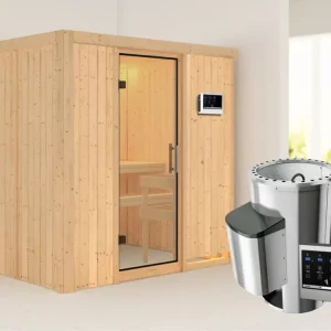 Systeemsauna Fanja transparent glazen deur + Plug & Play saunakachel met ext. besturing Voordeelprijs