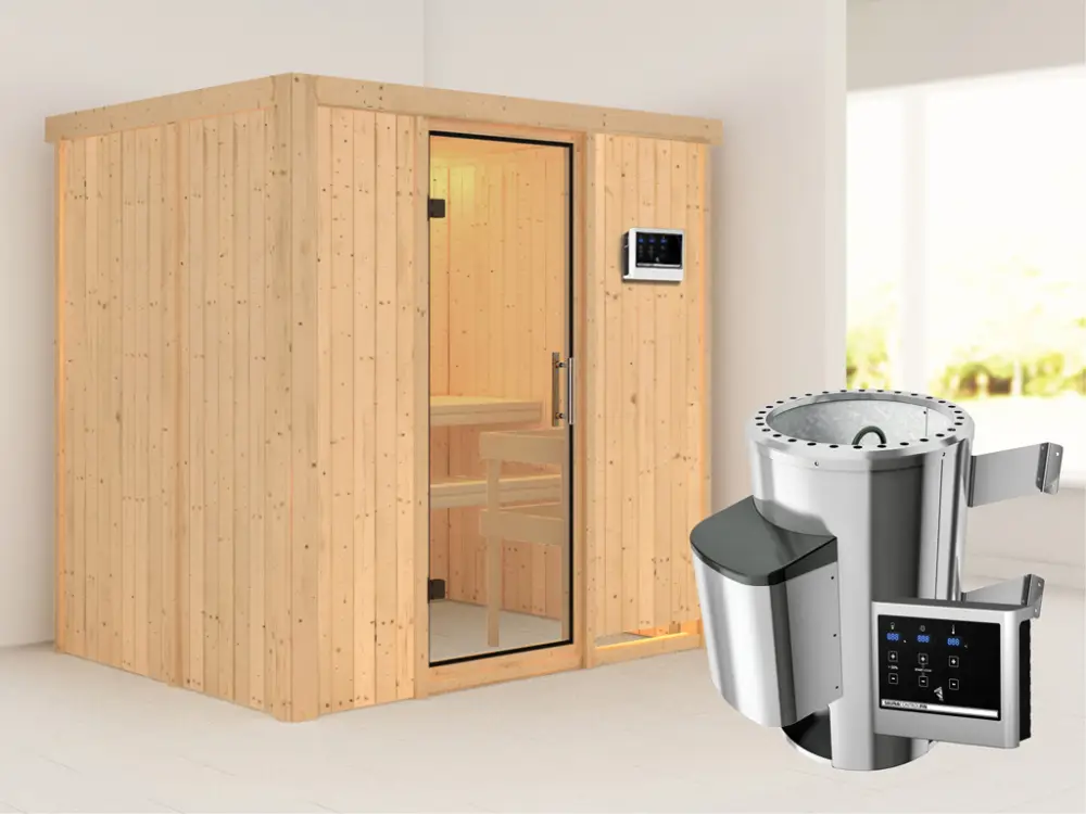 Systeemsauna Fanja transparent glazen deur + Plug & Play saunakachel met ext. besturing Voordeelprijs