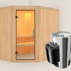 Systeemsauna Lilja transparent glazen deur + Plug & Play saunakachel met besturing Tijdelijk Beschikbaar