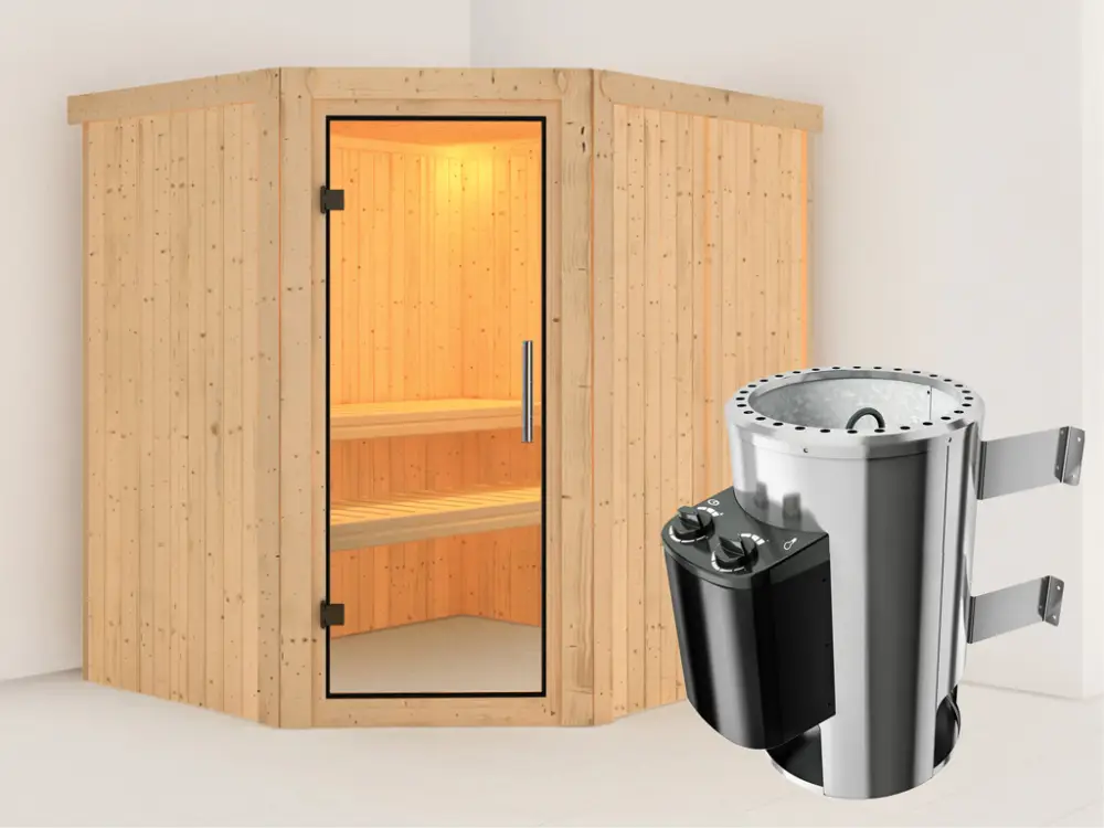 Systeemsauna Lilja transparent glazen deur + Plug & Play saunakachel met besturing Tijdelijk Beschikbaar